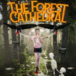 The key art The Forest Cathedral. The background is a forest. In the foreground, up top, is the game's logo. Below is a human with its skeleton superimposed on top of it. There are two eagles in the sky and many dead fish on the ground. There is another full skeleton sitting on the ground, reaching for the person.
