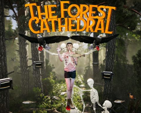 The key art The Forest Cathedral. The background is a forest. In the foreground, up top, is the game's logo. Below is a human with its skeleton superimposed on top of it. There are two eagles in the sky and many dead fish on the ground. There is another full skeleton sitting on the ground, reaching for the person.