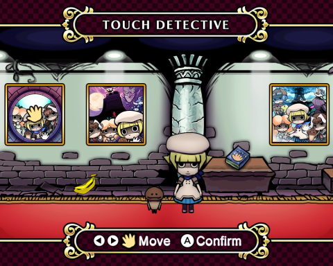 A screenshot from Touch Detective 3 + The Complete Case Files. A blonde girl with a brown mushroom friends stands in a gallery, with three images behind them.