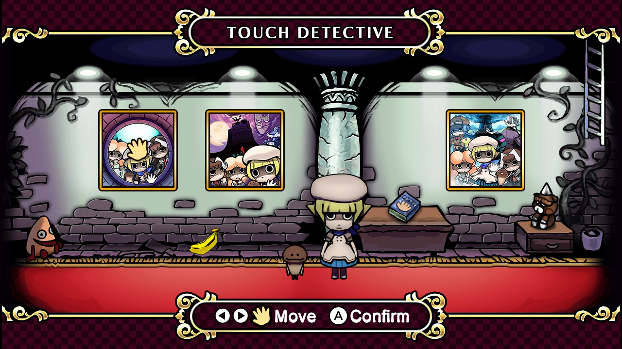 A screenshot from Touch Detective 3 + The Complete Case Files. A blonde girl with a brown mushroom friends stands in a gallery, with three images behind them.