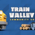 The key art for Train Valley 2: Community Edition. The background is blue. There is the front of a yellow train on the left. The logo is center-right; below it is a pile of wood and a mine cart.