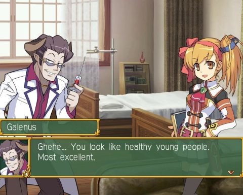 A screenshot from Class of Heroes 2G: Remaster Edition. To the left, a man with sunglasses (despite being in what appears to be a hospital) and a white lab coat is holding a needle containing red fluid. His name is Galenus, and he says: "Ghehe, you look like healthy young people. Most excellent." To the right is a girl with blonde pigtails and a red headband.