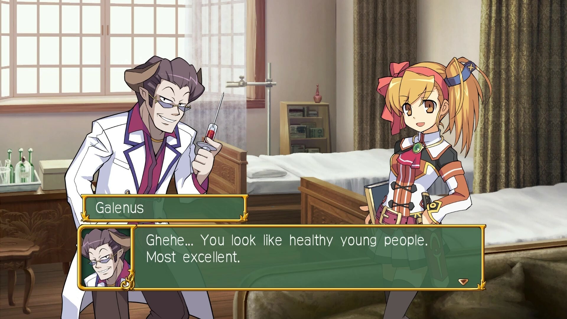 A screenshot from Class of Heroes 2G: Remaster Edition. To the left, a man with sunglasses (despite being in what appears to be a hospital) and a white lab coat is holding a needle containing red fluid. His name is Galenus, and he says: "Ghehe, you look like healthy young people. Most excellent." To the right is a girl with blonde pigtails and a red headband.