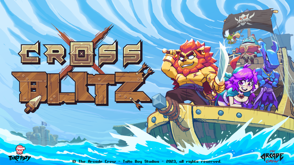 The key art for Cross Blitz, featuring the game's logo on the left and a green boat containing a buff lion and a purple-haired human.