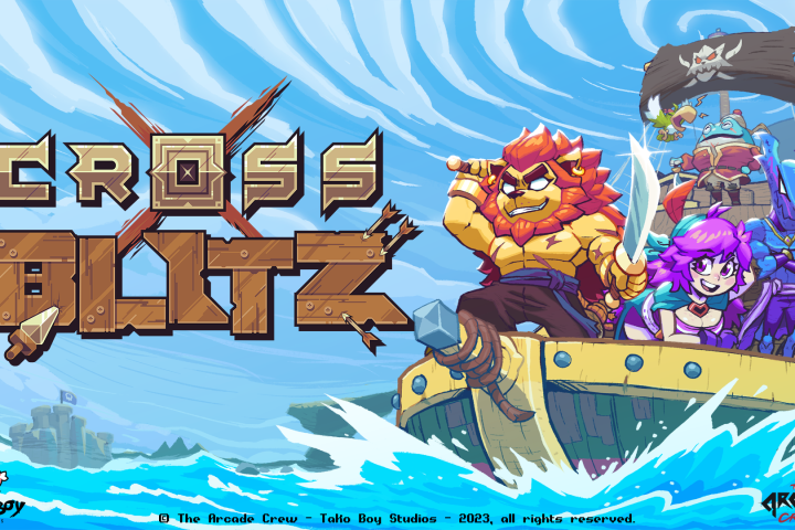 The key art for Cross Blitz, featuring the game's logo on the left and a green boat containing a buff lion and a purple-haired human.