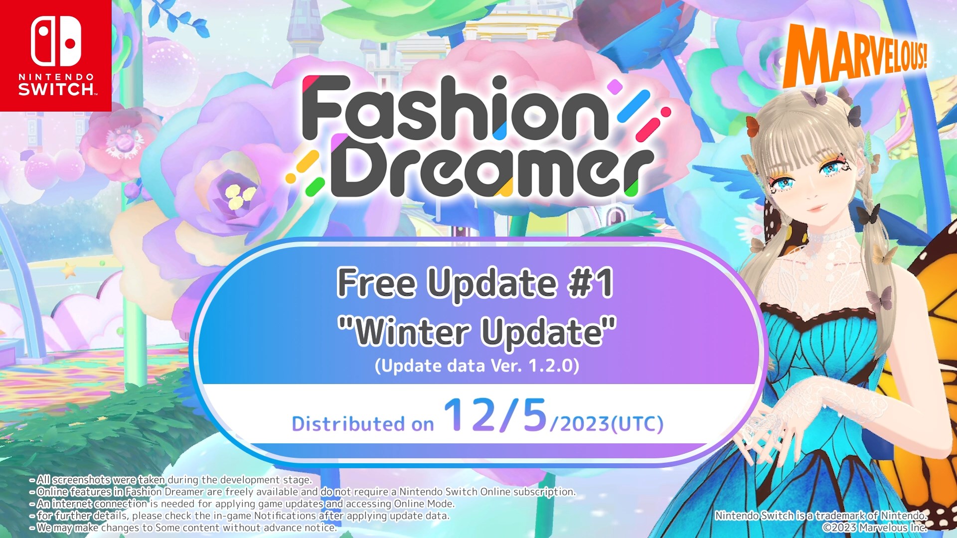 A graphic advertising Fashion Dreamer's Free Update #1 (update data ver. 1.2.0, distributing on December 5, 2023.