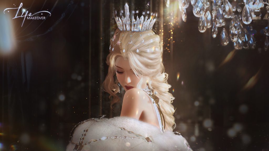 A screenshot from Life Makeover. A blond girl is wearing a crown of crystals and a white outfit; we see her from the elbows up. She is glancing down.