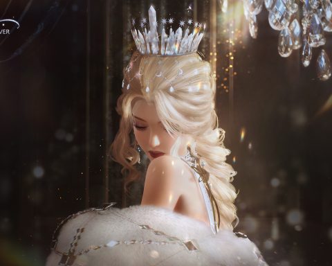 A screenshot from Life Makeover. A blond girl is wearing a crown of crystals and a white outfit; we see her from the elbows up. She is glancing down.