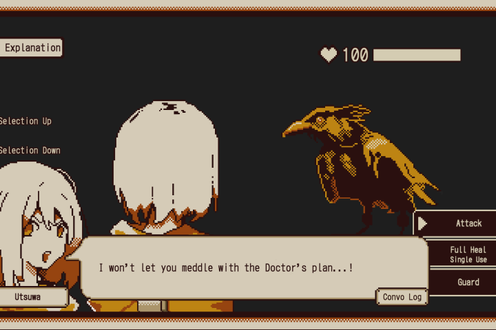A screenshot from Refind Self. Utuswa is facing an enemy, a bird. She can attack, full heal single use, or guard.