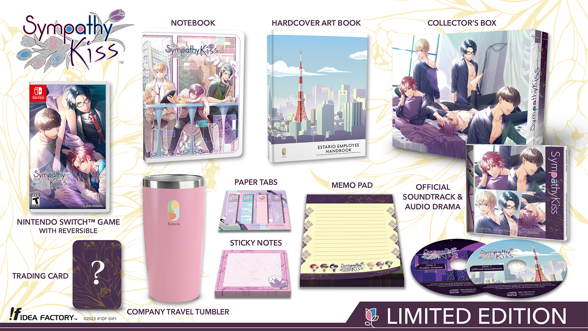 The Sympathy Kiss Limited Edition includes the game with a reversible cover sleeve, a hardcover art book, the official soundtrack plus audio drama, a company travel tumbler, an Estario stationary set, a collector's box, and an exclusive trading card.