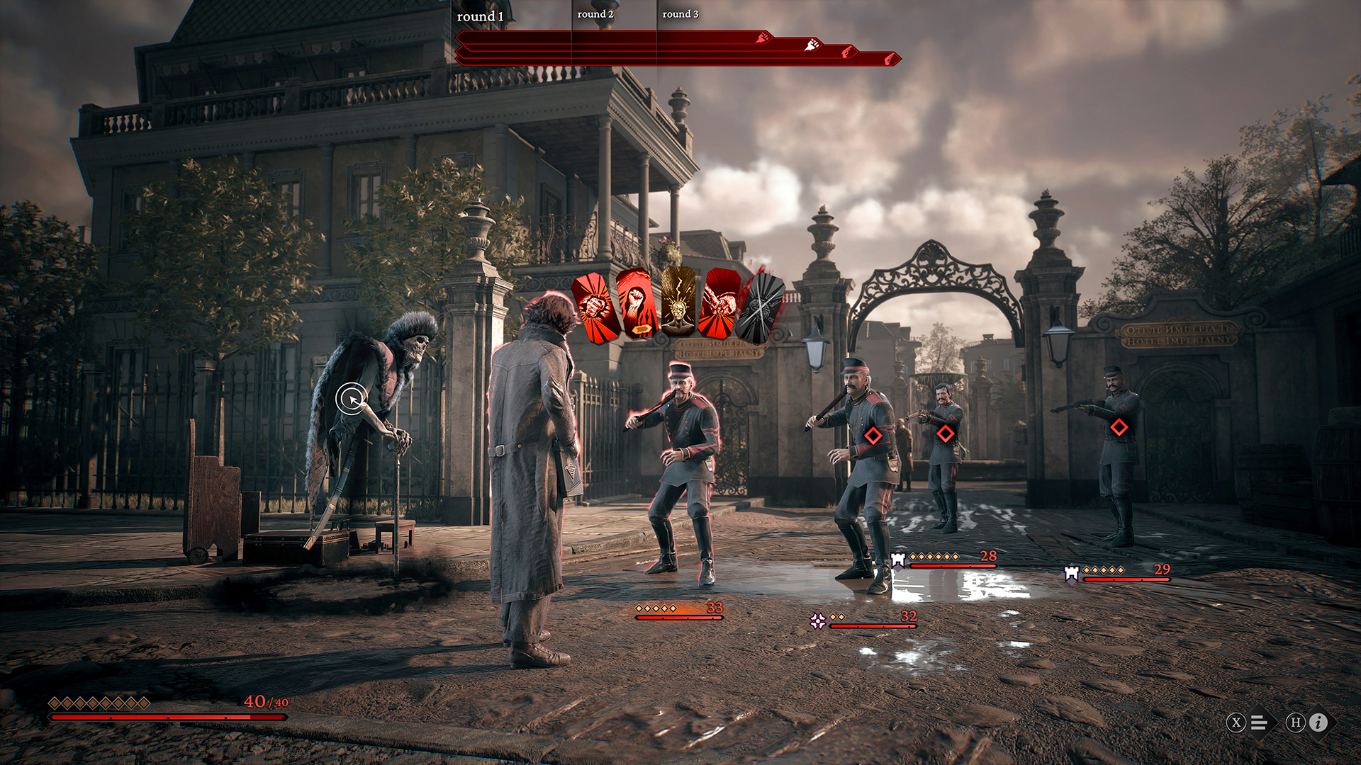 A screenshot from The Thaumaturge. A person with short brown hair and a long brown coat stands with his back to us. In front of him are four (cops?) wearing blue; the two in front carry batons, while the two in back carry shotguns. To the left is a skeleton torso and head wearing a furry hat.