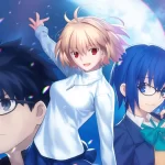 A promo image for Tsukihime: A Piece of Blue Glass Moon, showing Shiki, Arc, and Ciel.