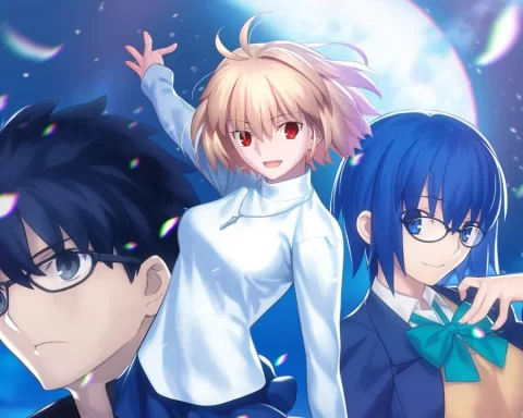 A promo image for Tsukihime: A Piece of Blue Glass Moon, showing Shiki, Arc, and Ciel.
