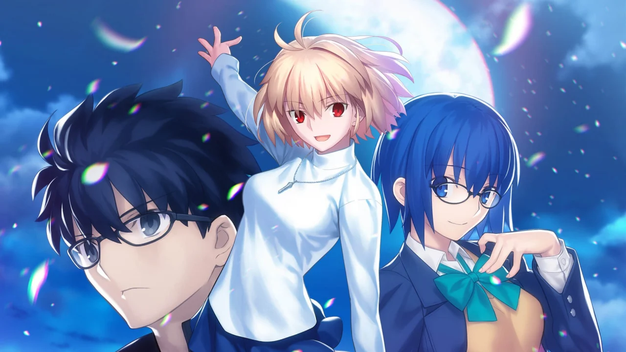A promo image for Tsukihime: A Piece of Blue Glass Moon, showing Shiki, Arc, and Ciel.