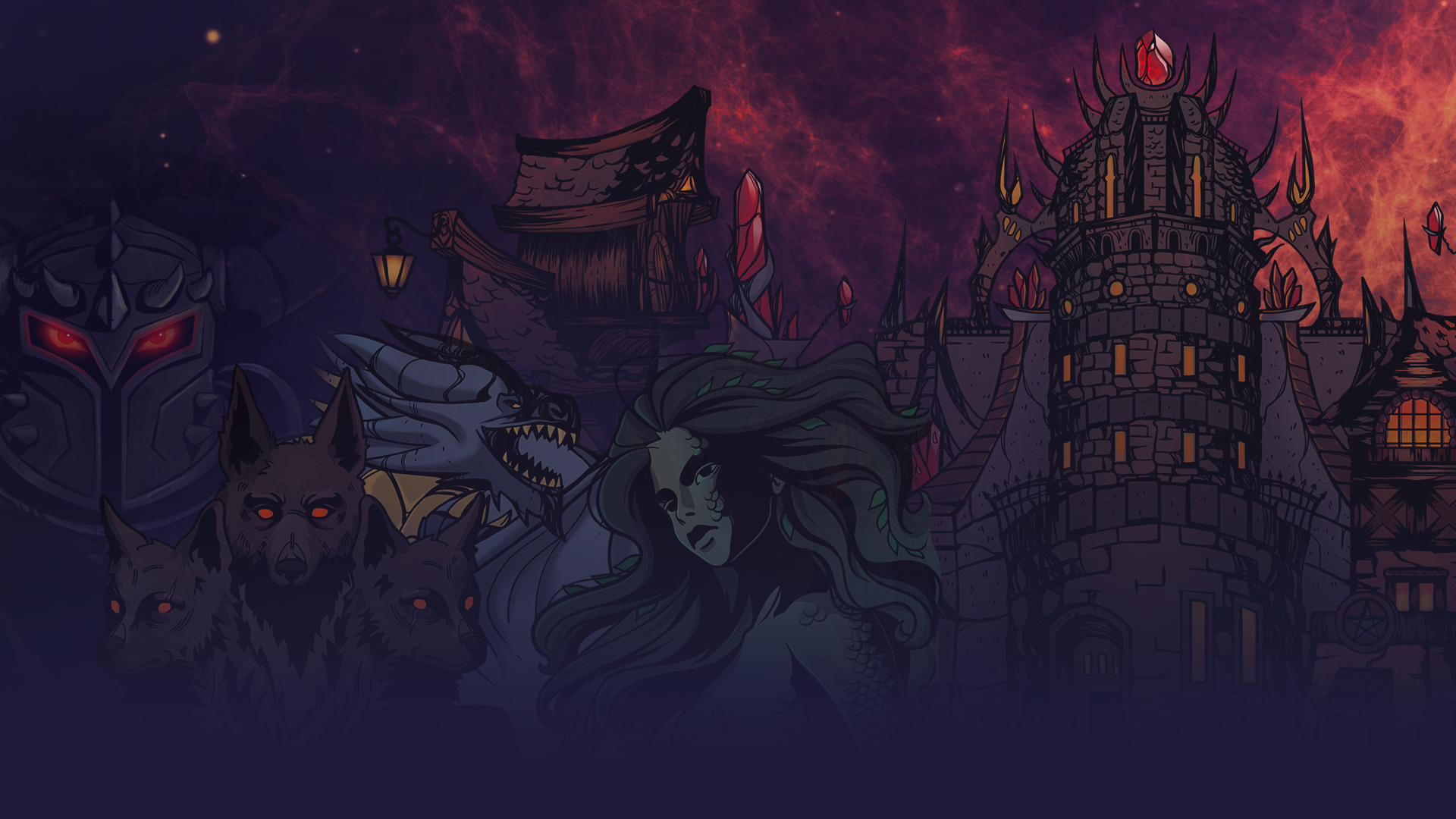 Artwork for Dark Lord. In the background is a castle's turret. In the foreground are a person with an iron helmet/mask, a three-headed dog, a dragon from the neck up, and a woman with long hair and scales for skin.