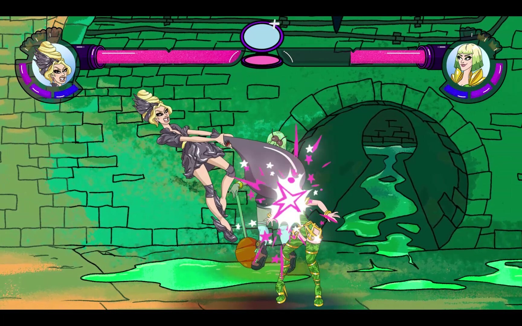 A screenshot from Drag Her! In a green-tinted, bricked sewer, Alaska 5000 is wearing a black garbage bag dress while jumping up and hitting Laganja Estranja (donning a green cannabis leaf print) with a garbage bag.
