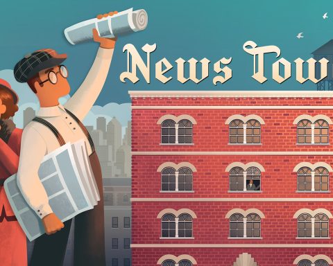 The key art for News Tower, featuring a red brick building, a man with suspenders holding up a newspaper, and a woman in red taking a photograph with a 1930s camera.