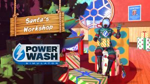 The key art for PowerWash Simulator's free seasonal Santa's Workshop update.
