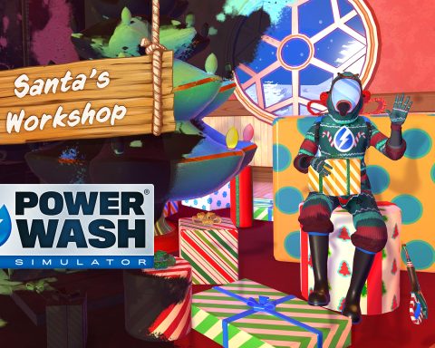 The key art for PowerWash Simulator's free seasonal Santa's Workshop update.