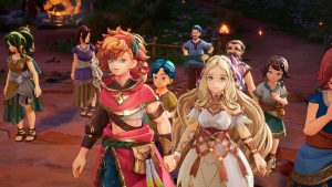 A screenshot from the announcement of Visions of Mana. Our hero Val is standing next to his blonde-haired friend at a festival.