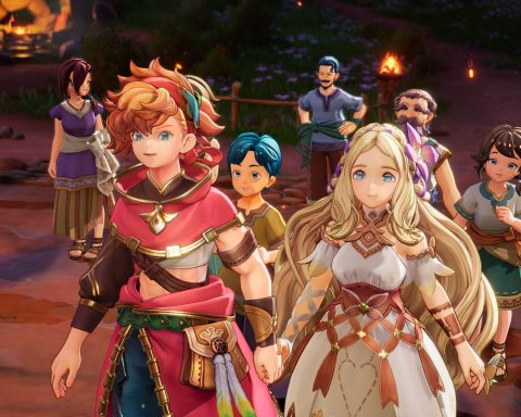 A screenshot from the announcement of Visions of Mana. Our hero Val is standing next to his blonde-haired friend at a festival.