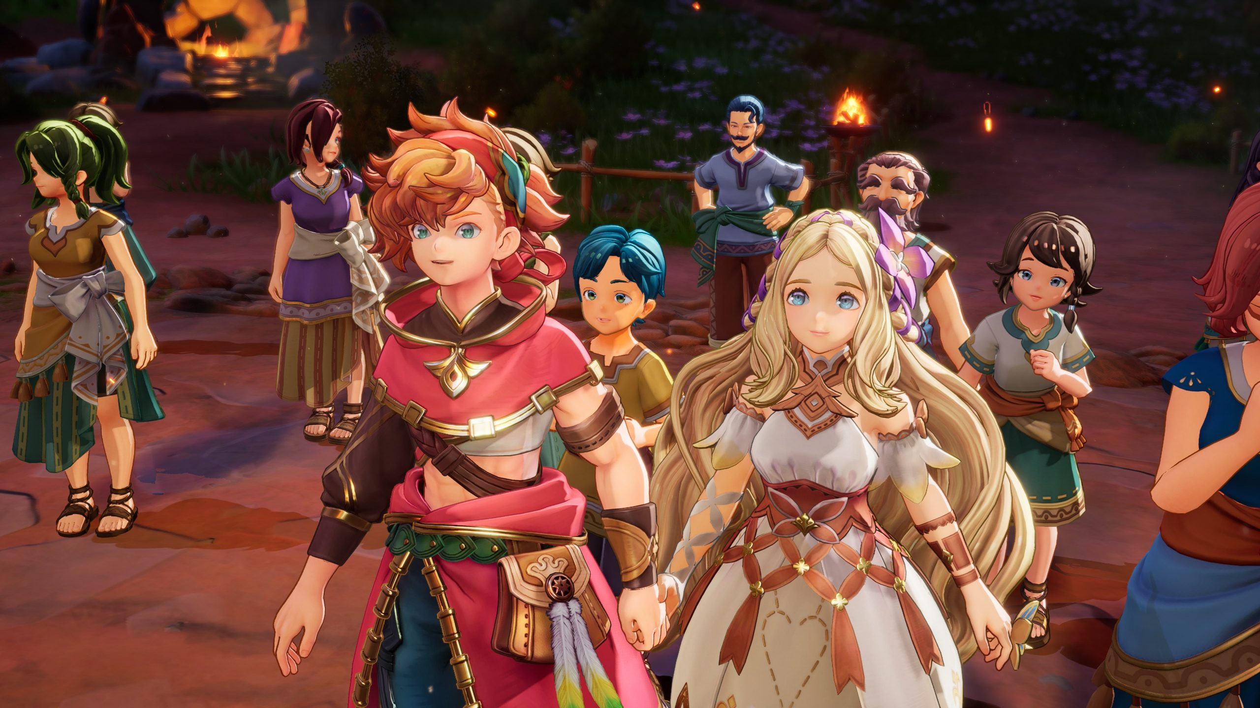 A screenshot from the announcement of Visions of Mana. Our hero Val is standing next to his blonde-haired friend at a festival.