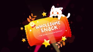 A small white cat is holding on to a very large (over twice its size) treat in a wrapper. The wrapper advertises Wholesome Snack: The Game Awards Edition.