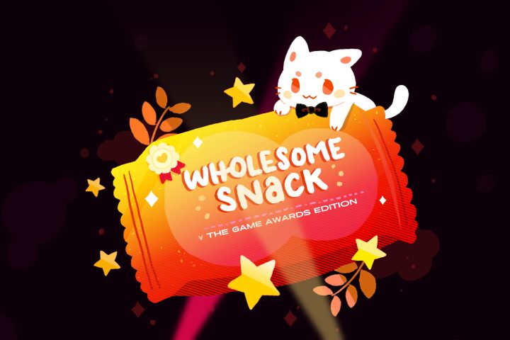 A small white cat is holding on to a very large (over twice its size) treat in a wrapper. The wrapper advertises Wholesome Snack: The Game Awards Edition.