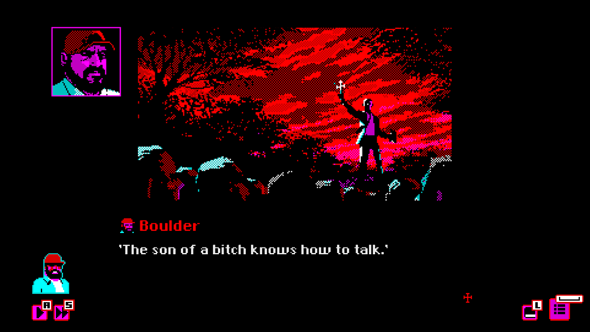 A screenshot from Bahnsen Knights. A man is standing on stage in front of a crowd of people, holding a cross. Boulder states, "the son of a bitch knows how to talk."
