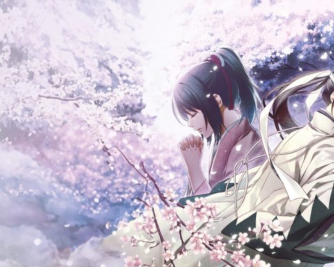 The key art for Hakuoki: Chronicles of Wind and Blossom. It is an illustration of two people surrounded by cherry blossoms.