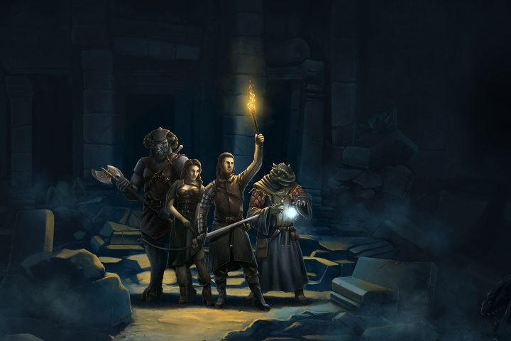 The key art for Legend of Grimrock. In this illustration, two beasts, a man, and a woman stand in a darkened cavern.