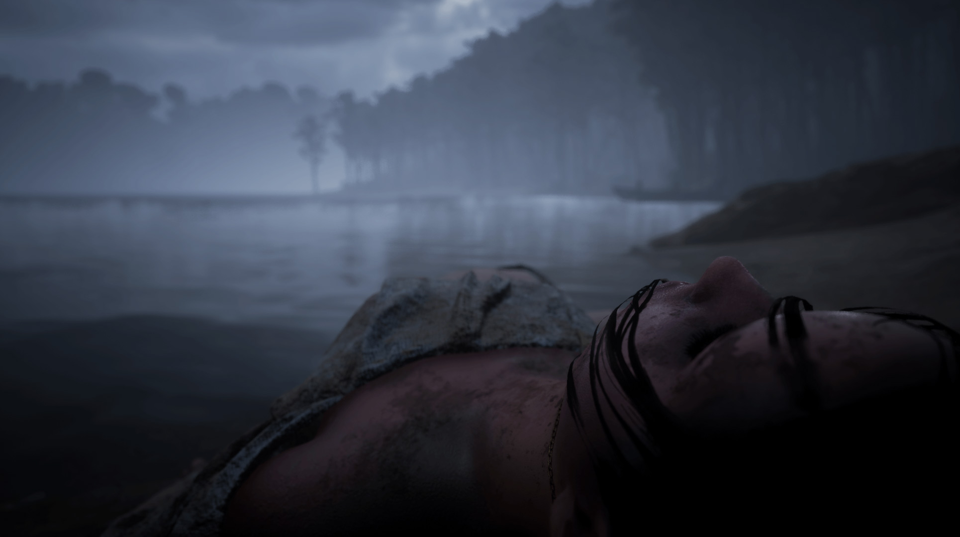 A screenshot from Martha Is Dead (the game). It shows the lake, and up close to the camera is the dead, dirty body of a young woman in white.