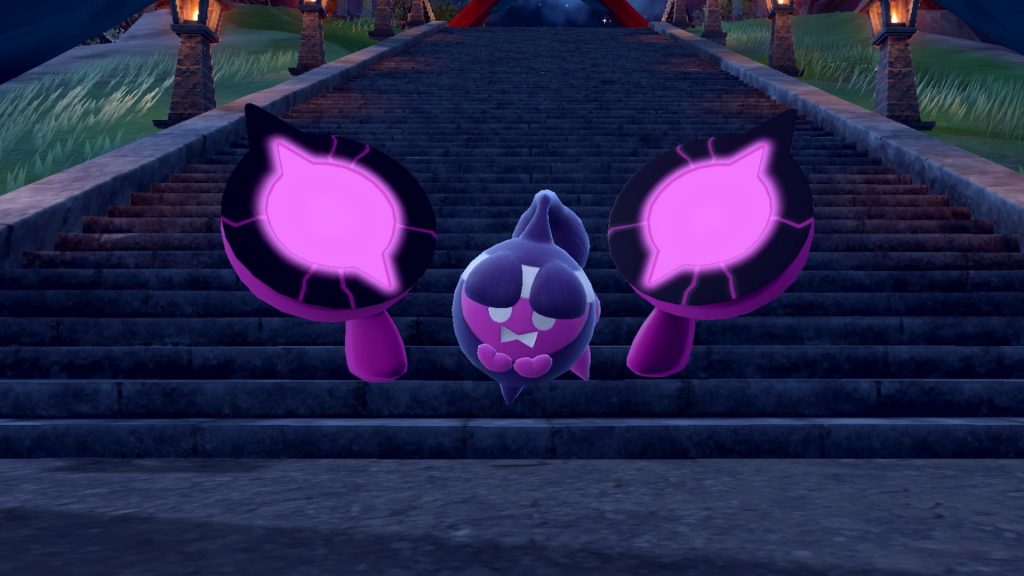 A screenshot of Pecharunt from Pokémon Scarlet and Pokémon Violet's DLC, The Hidden Treasure of Area Zero.