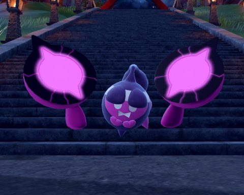 A screenshot of Pecharunt from Pokémon Scarlet and Pokémon Violet's DLC, The Hidden Treasure of Area Zero.