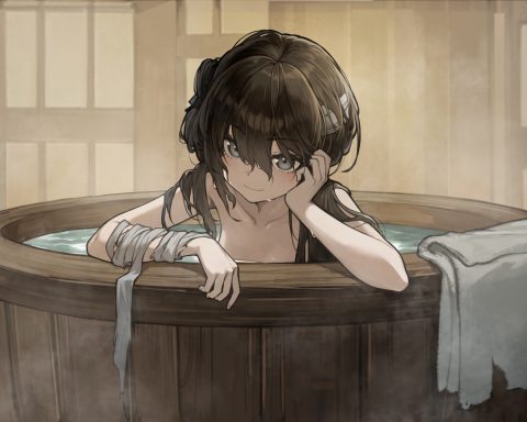 A image from The Hungry Lamb: Traveling in the Late Ming Dynasty. A girl with long brown hair is draped over the edge of a wooden bath tub, with steam in the background.