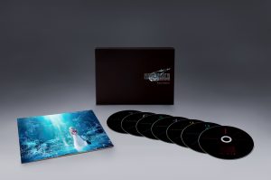 A packshot of the standard version of the Final Fantasy VII Rebirth Original Soundtrack. There are seven CDs, a postcard-sized screenshot from the game, and a black box for storage.