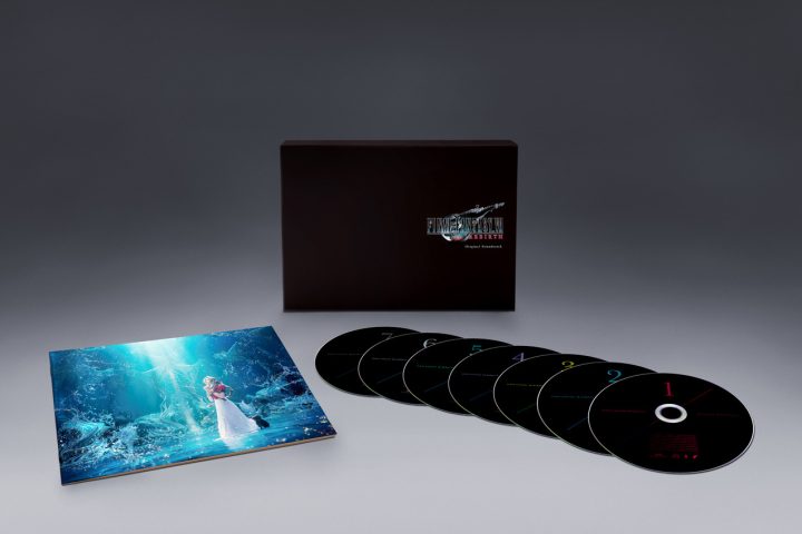 A packshot of the standard version of the Final Fantasy VII Rebirth Original Soundtrack. There are seven CDs, a postcard-sized screenshot from the game, and a black box for storage.