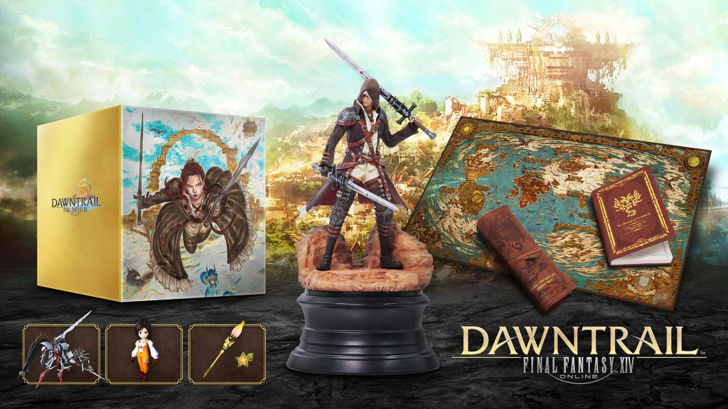 A graphic showing off the Dawntrail's Collector's Box/Edition. They include five physical items: a special art box, a Viper figure, a cloth map, the Unending Journey, and a pen case.