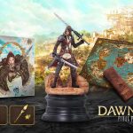 A graphic showing off the Dawntrail's Collector's Box/Edition. They include five physical items: a special art box, a Viper figure, a cloth map, the Unending Journey, and a pen case.