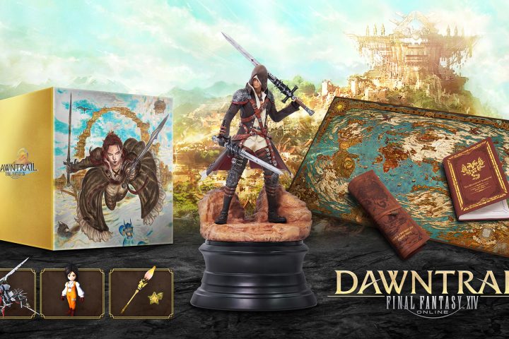 A graphic showing off the Dawntrail's Collector's Box/Edition. They include five physical items: a special art box, a Viper figure, a cloth map, the Unending Journey, and a pen case.