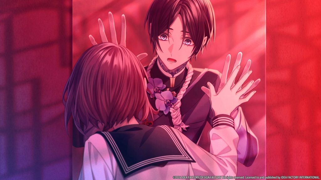 A screenshot from 9 R.I.P. A woman with her back to us has her hand up against a mirror, behind which is a man doing the same thing.