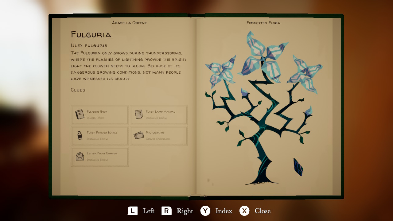 A screenshot of two pages from the book Forgotten Flora, focusing on the Fulguria flower. To the left is information, to the right is an illustration.