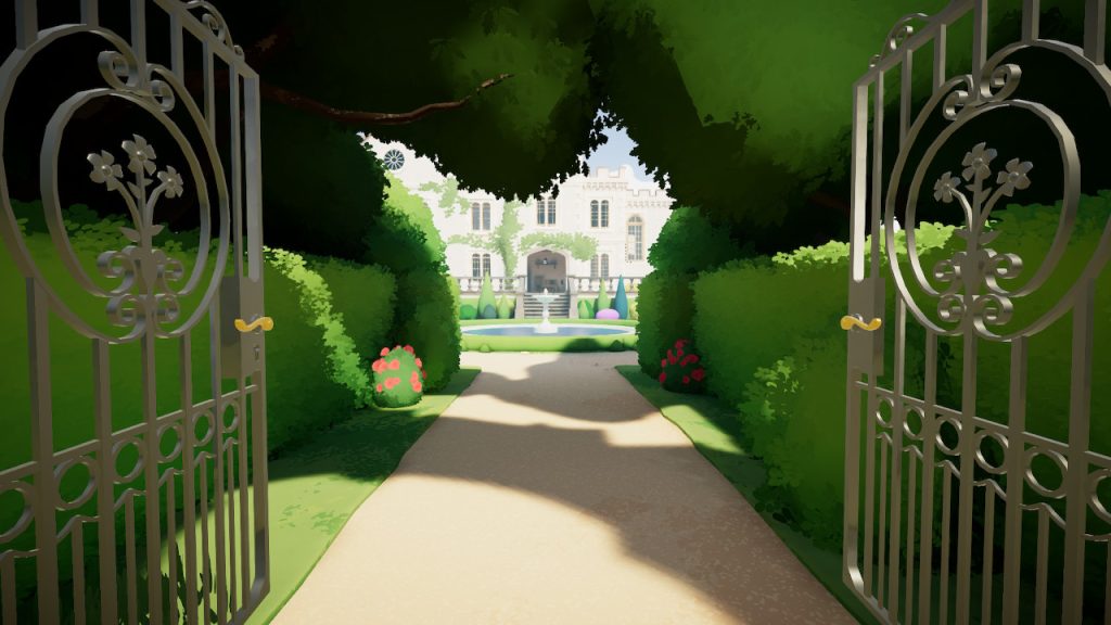 A screenshot from Botany Manor. The games are opening up to a path lined by hedges. At the end lies a fountain and, behind that, a beautiful manor.