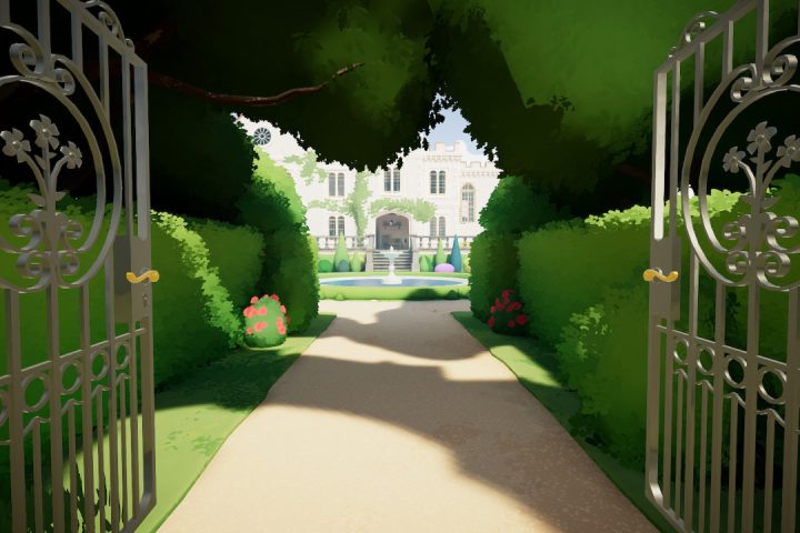 A screenshot from Botany Manor. The games are opening up to a path lined by hedges. At the end lies a fountain and, behind that, a beautiful manor.