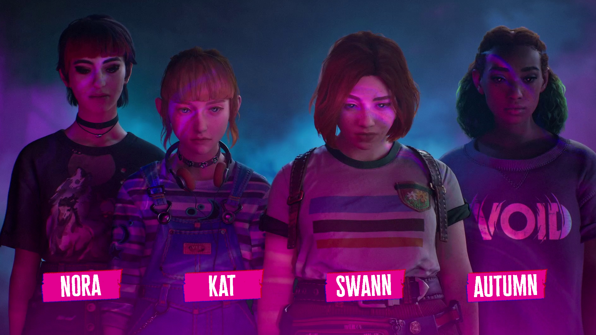 A screenshot from Lost Records: Bloom & Rage. It shows four characters: Nora, Kat, Swann, and Autumn.