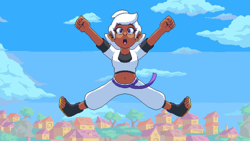 A screenshot of Nanuka doing a starfish jump in Nanuka: Secret of the Shattering Moon.