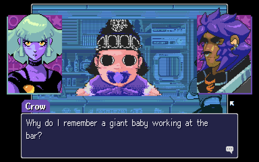 A screenshot of a memory fragment that looks like a giant baby in Read Only Memories: Neurodiver.