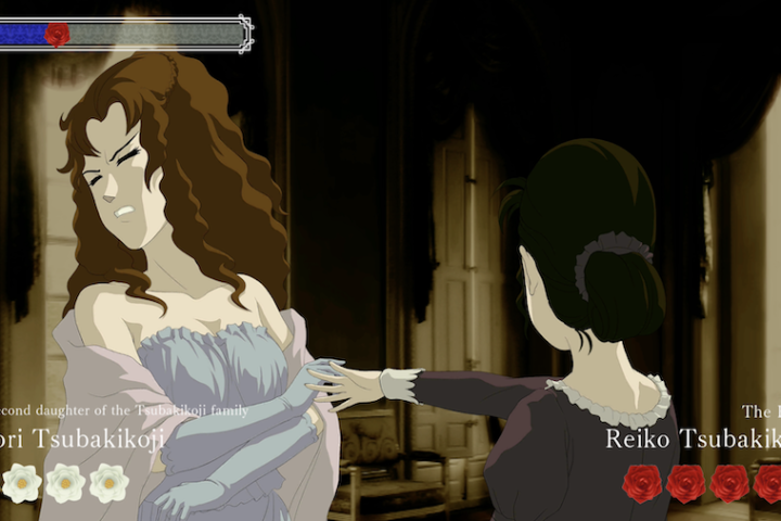A screenshot from the Rose & Camellia Collection for Nintendo Switch. Saori, with long brown hair and a light-coloured dress, is being slapped by Seiko, whose dark hair is slicked back into a low bun.