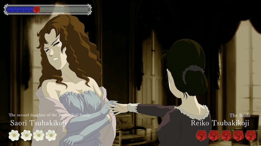 A screenshot from the Rose & Camellia Collection for Nintendo Switch. Saori, with long brown hair and a light-coloured dress, is being slapped by Seiko, whose dark hair is slicked back into a low bun.