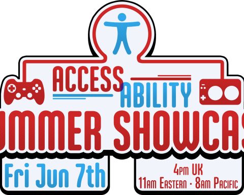 A graphic for the Access-Ability Summer Showcase 2024, Friday June 7 at 4 p.m. UK / 11 a.m. ET / 8 a.m. PT. The text is in red and blue, and the background is white. The logo incorporates two game controllers.